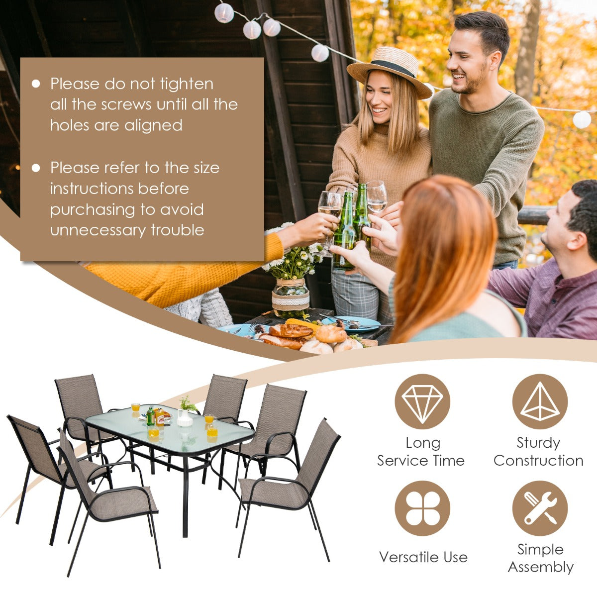 NNECW 7 Piece Patio Dining Set with 6 Stackable Chairs & Rectangular Table