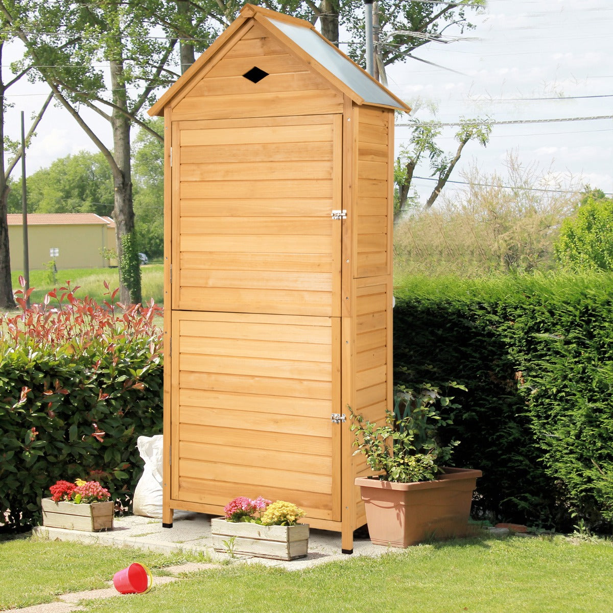 NNECW Lockable Fir Wood Garden Tool Storage Cabinet with shelves for Garden