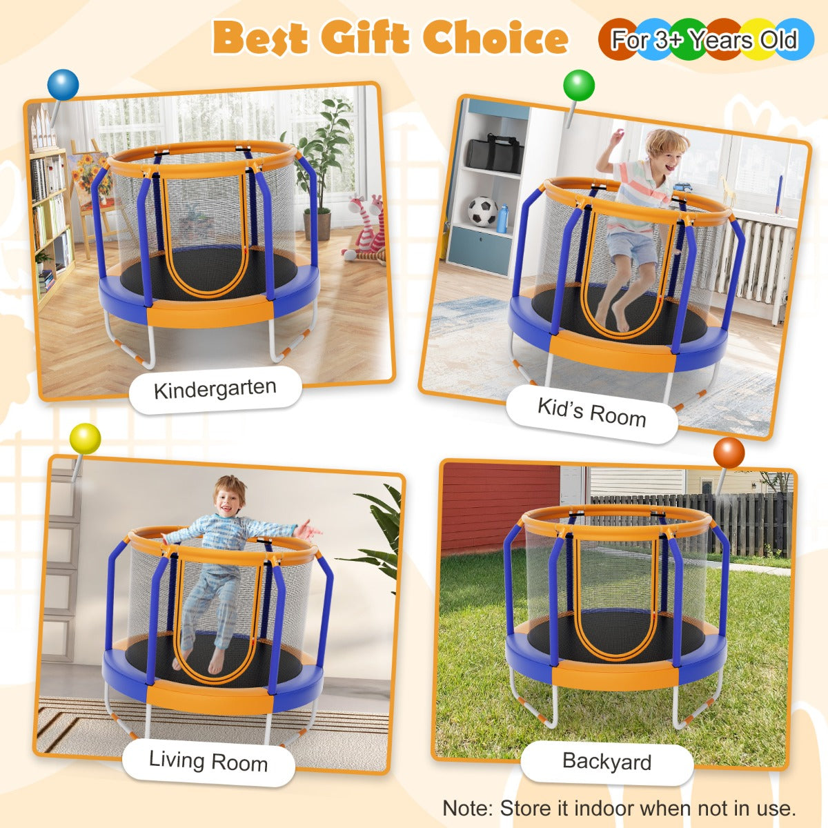 NNECW Recreational Trampoline with Heavy-duty Metal Frame for Kids-Orange