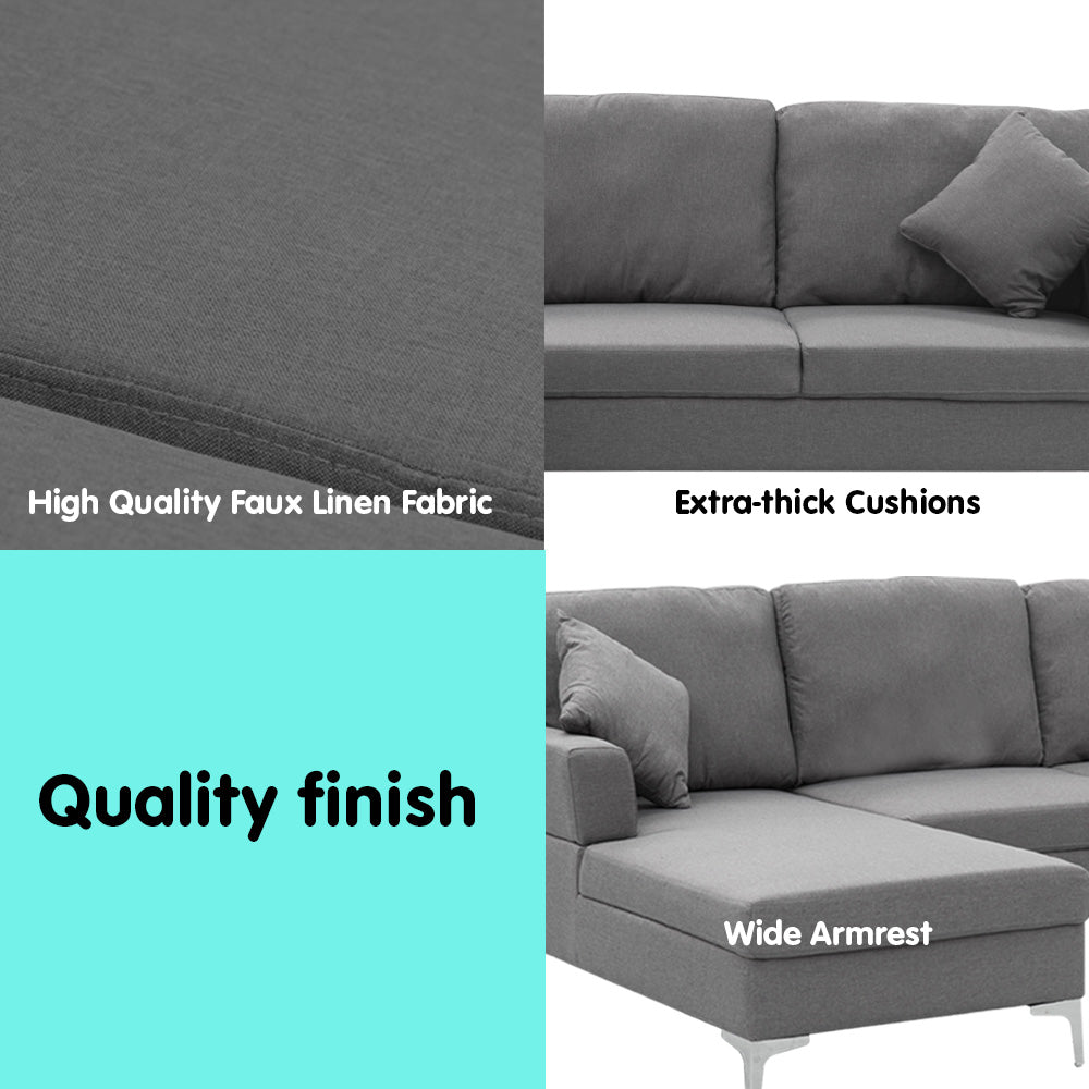 NNEDPE Sarantino Linen Corner Sofa Couch Lounge L-shape Right Chaise D.Grey