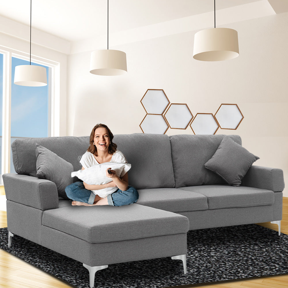 NNEDPE Sarantino Linen Corner Sofa Couch Lounge L-shape Right Chaise D.Grey