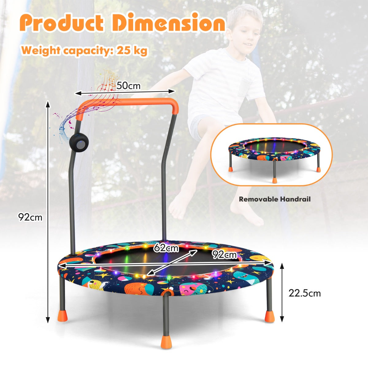 NNECW Toddler Music Trampoline with Colorful LED Lights for Kids-Navy